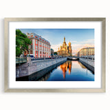 Extra large abstract art print of a textured European cityscape in muted grays and blues, framed in silver.
