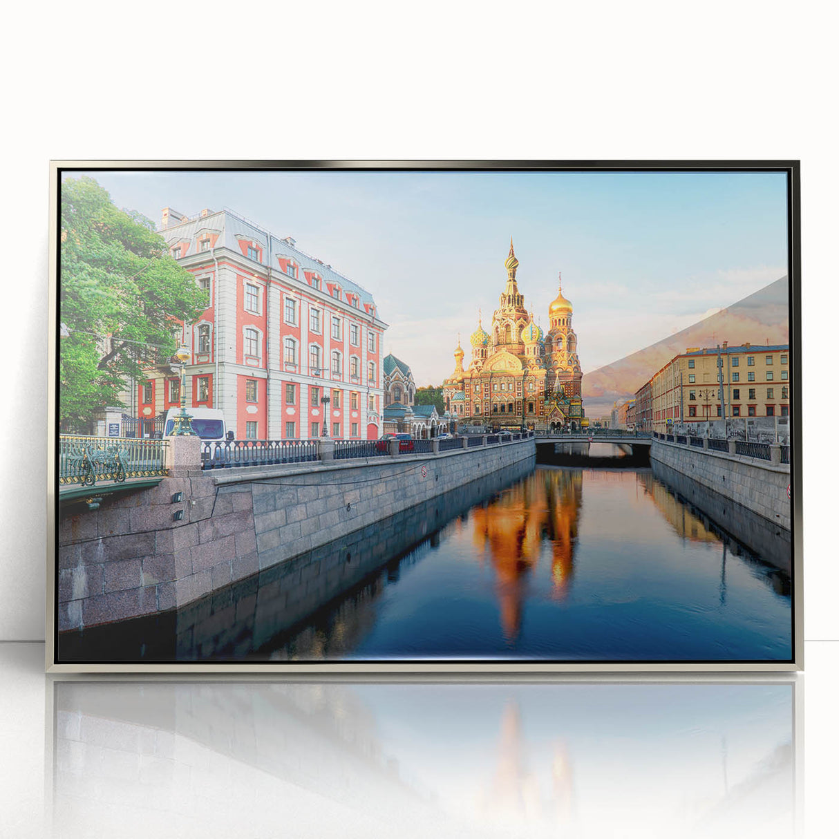 Large art print of St. Petersburg scenery in muted gray and blue tones on framed acrylic, suitable for modern art wall decor.