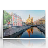 Mid-century modernist art of St. Petersburg scenery in muted pastel colors on a framed acrylic, ideal for nursery wall art.