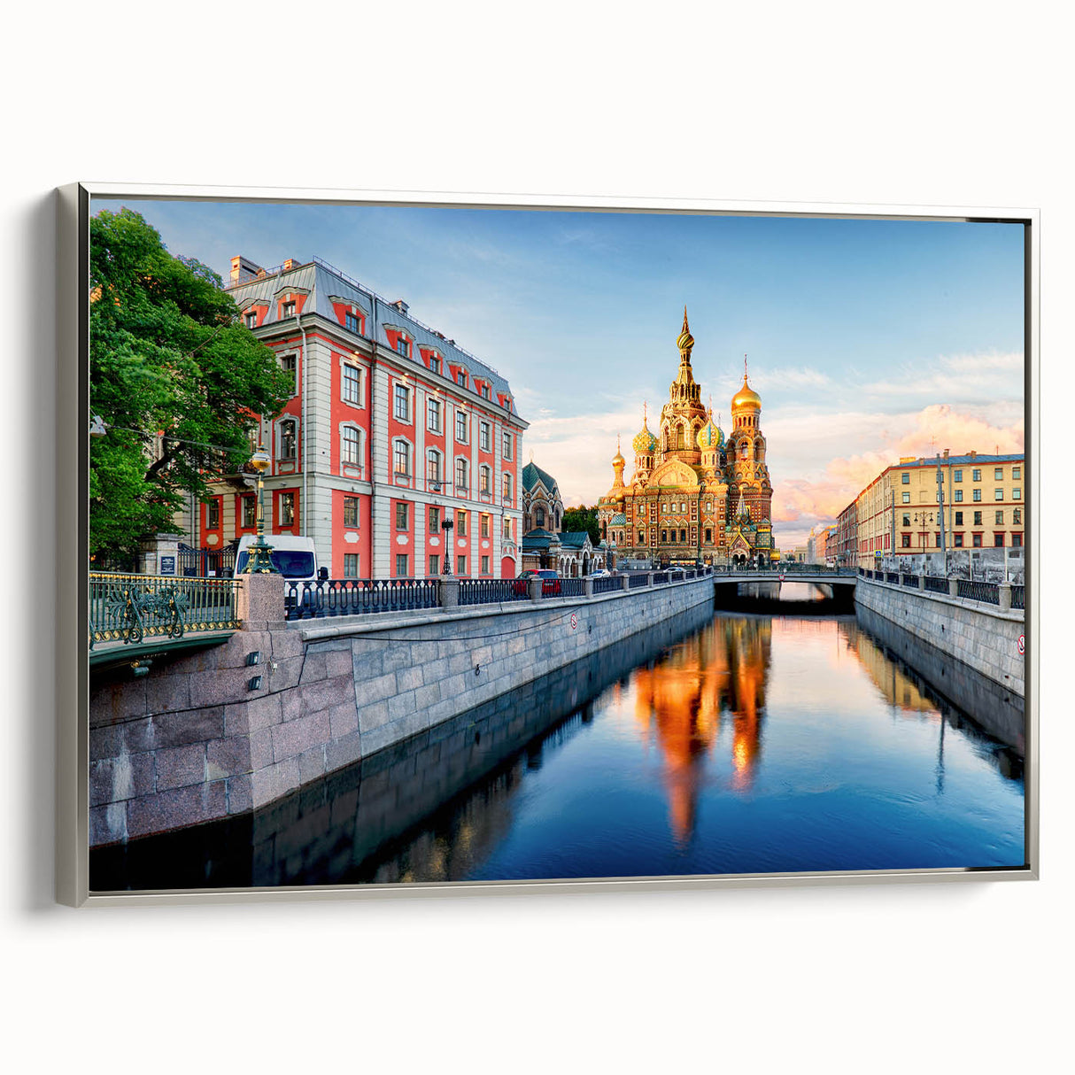 Landscape art painting of a vintage Petersburg scene in colorful hues on framed canvas, ideal for living room decor.