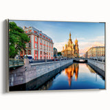 Landscape art painting of a vintage Petersburg scene in colorful hues on framed canvas, ideal for living room decor.