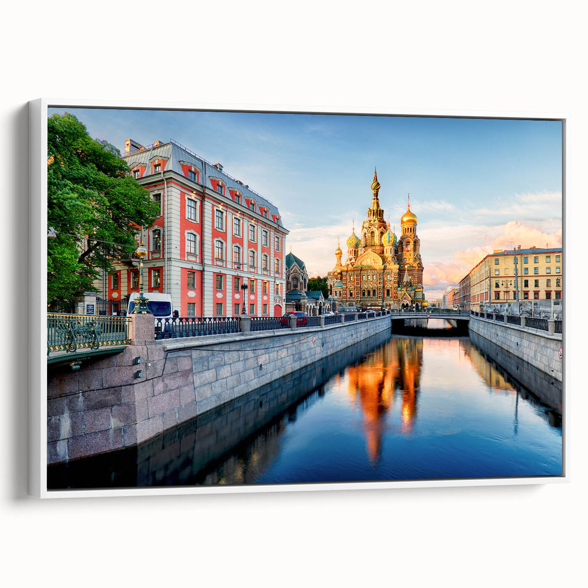 Vintage poster art of St. Petersburg with colorful buildings on extra large framed canvas, suitable for living room decor.