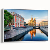 Vintage poster art of St. Petersburg with colorful buildings on extra large framed canvas, suitable for living room decor.