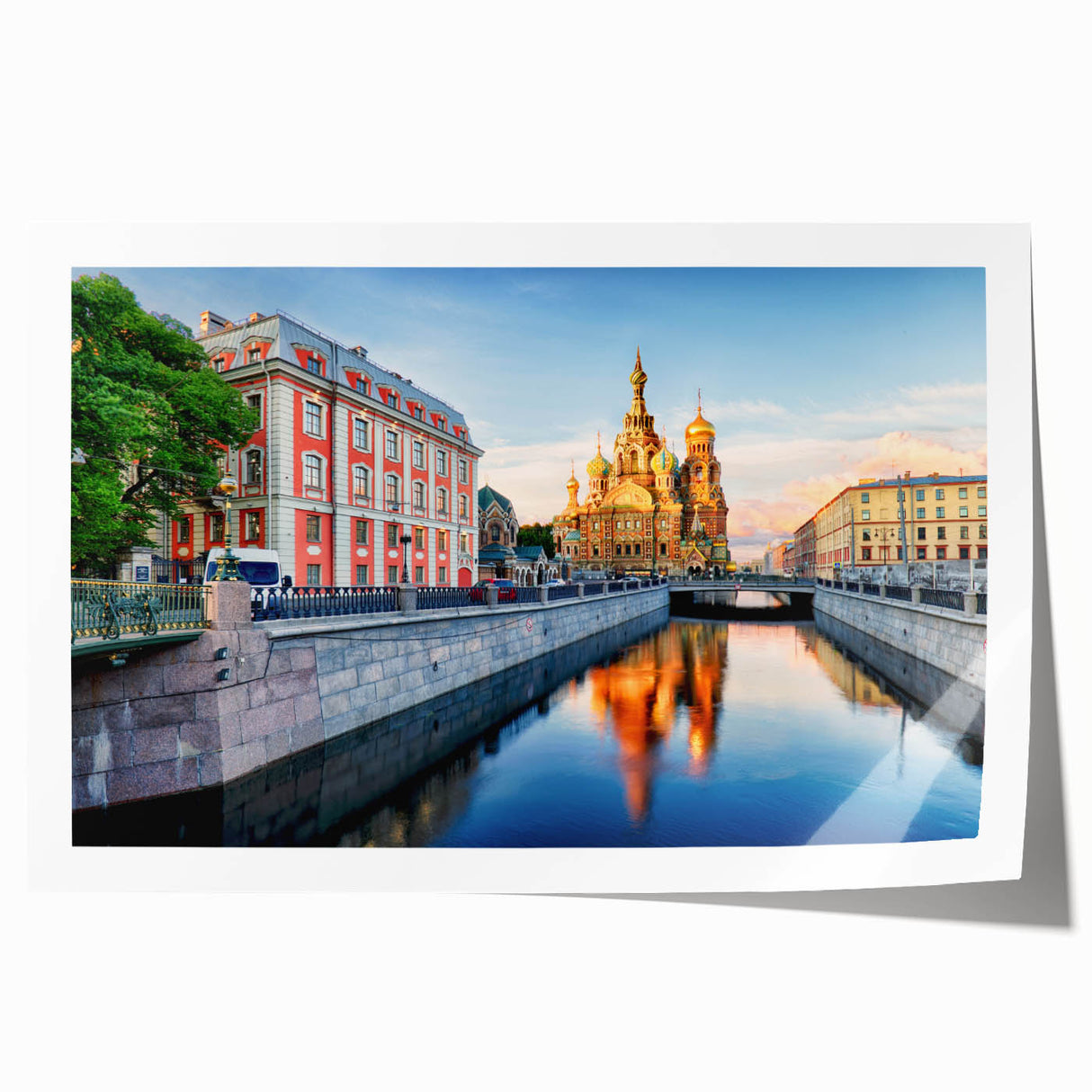 Extra large rolled print of a European cityscape with floral elements in muted colors, ideal for art wall dining room.