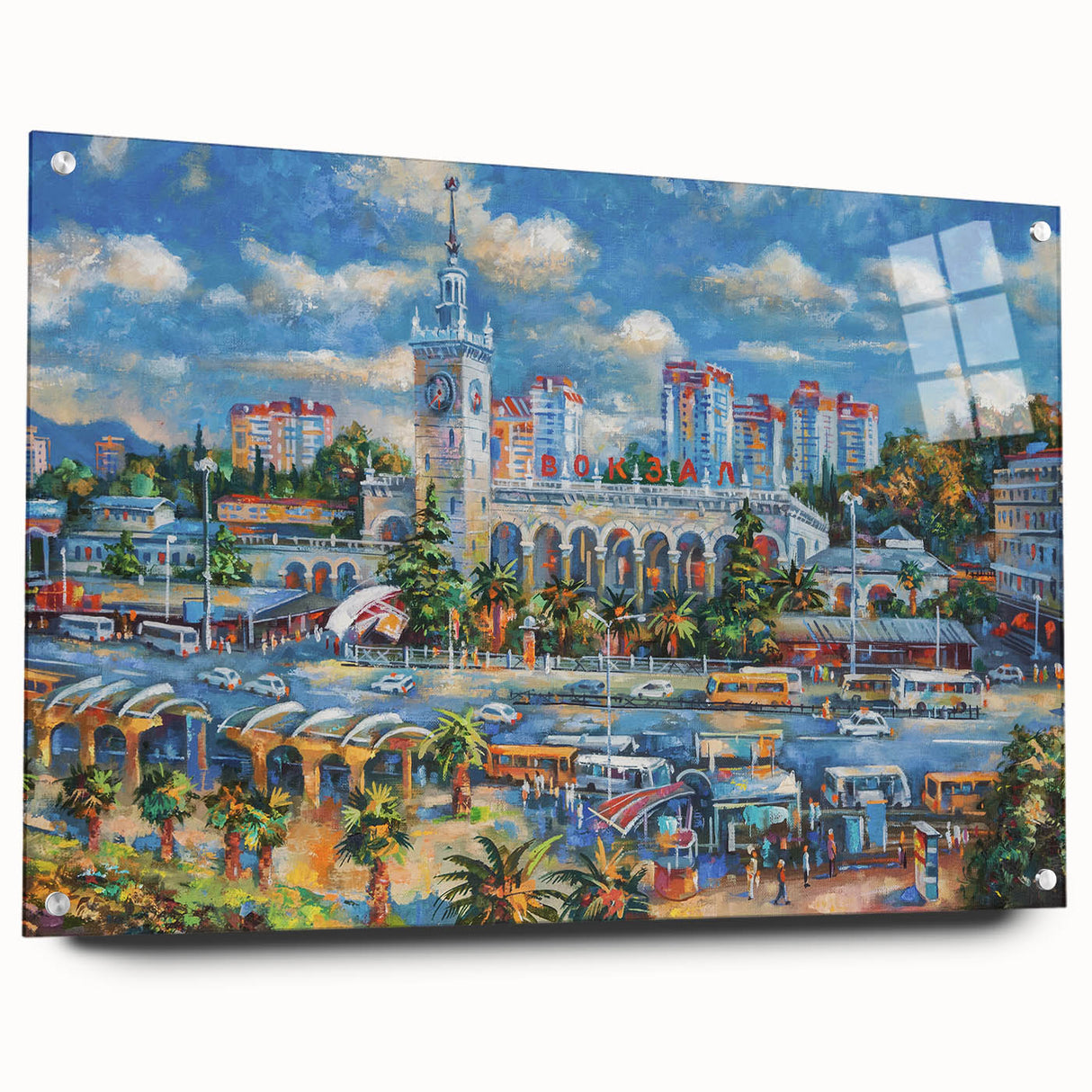 Acrylic print of Sochi scenery with vibrant blues and greens, ideal for dining room decor.