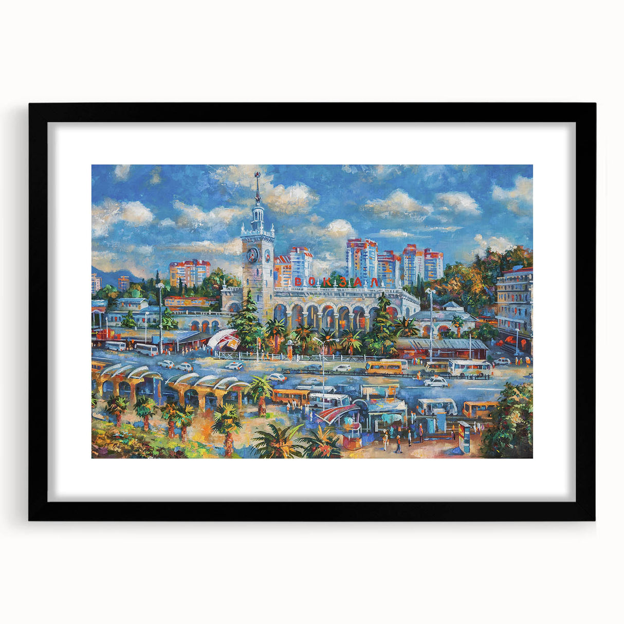 Extra large abstract art print of colorful, textured scenery depicting Sochi, Russia, in a black frame with mat.