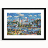 Extra large abstract art print of colorful, textured scenery depicting Sochi, Russia, in a black frame with mat.