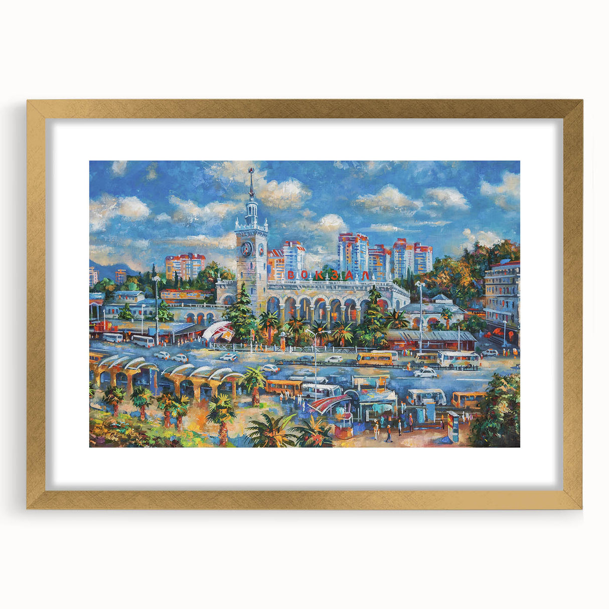Abstract art print of Sochi landscape in muted gold and blue tones on a framed canvas, ideal for dining room decor.