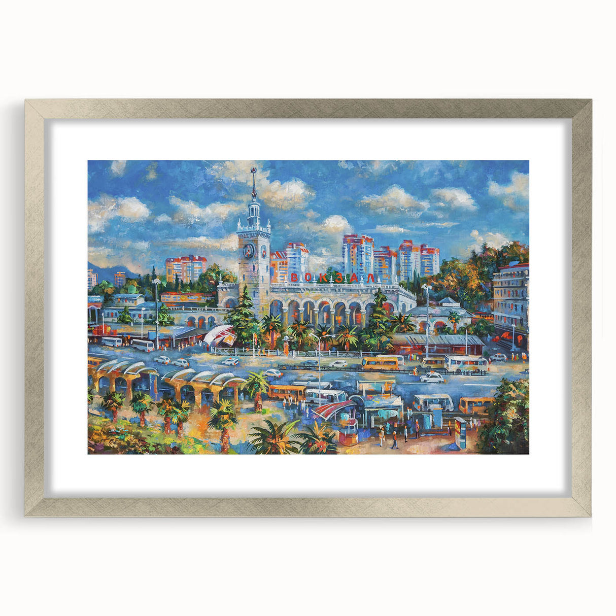 Extra large abstract art print of a textured European scenery in muted earth tones, framed in silver.