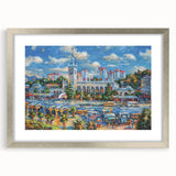 Extra large abstract art print of a textured European scenery in muted earth tones, framed in silver.