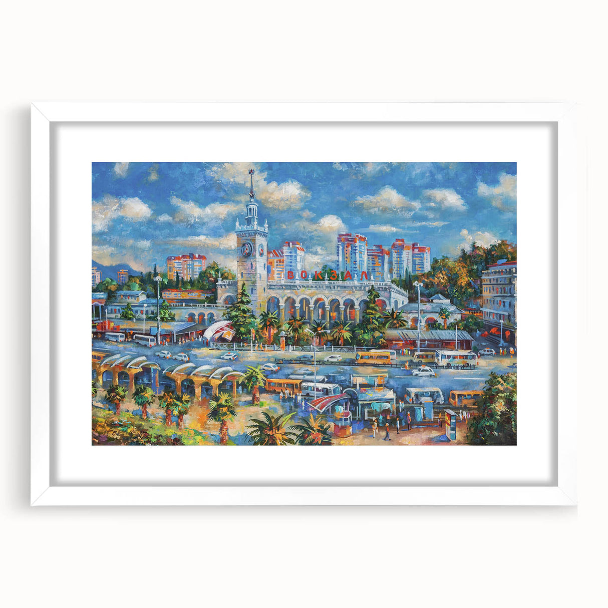 Textured abstract art print of Sochi landscape in muted earth tones on a framed white mat, ideal for bedroom art.