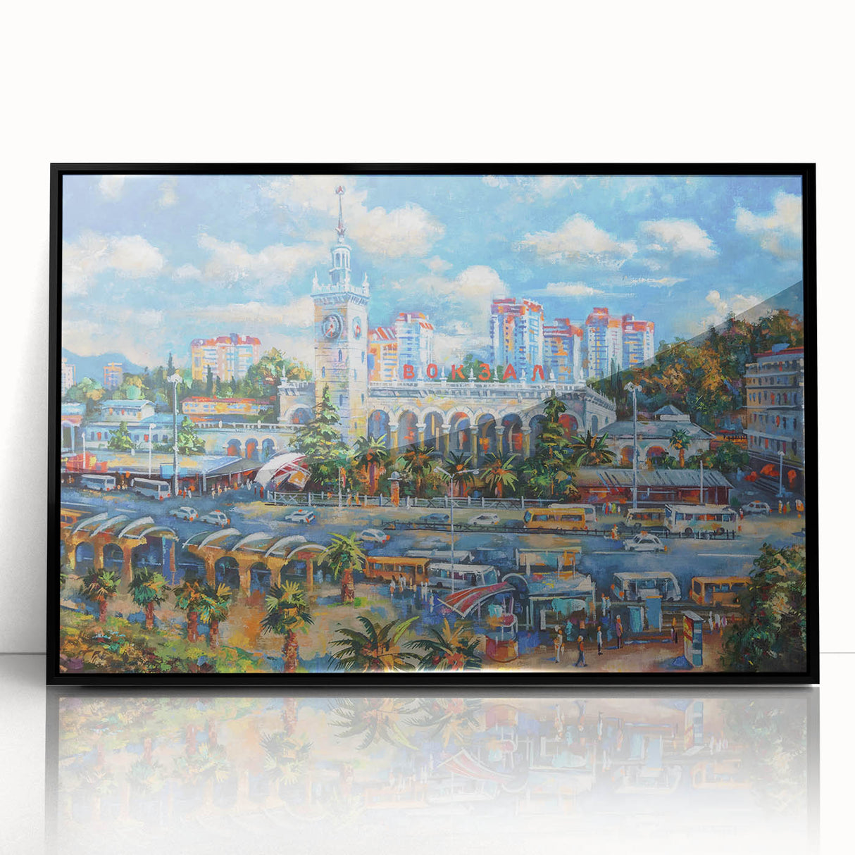 Large abstract wall art depicting a Sochi landscape in acrylic, framed in black, ideal for modern living room decor.