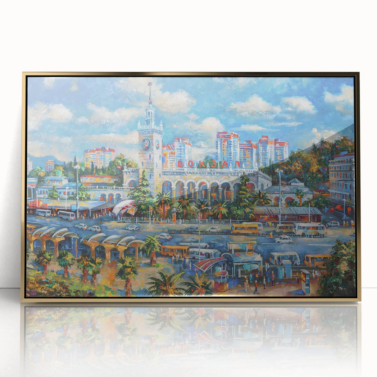Art deco poster of Sochi scenery in gold frame, acrylic print, ideal for nursery wall art.