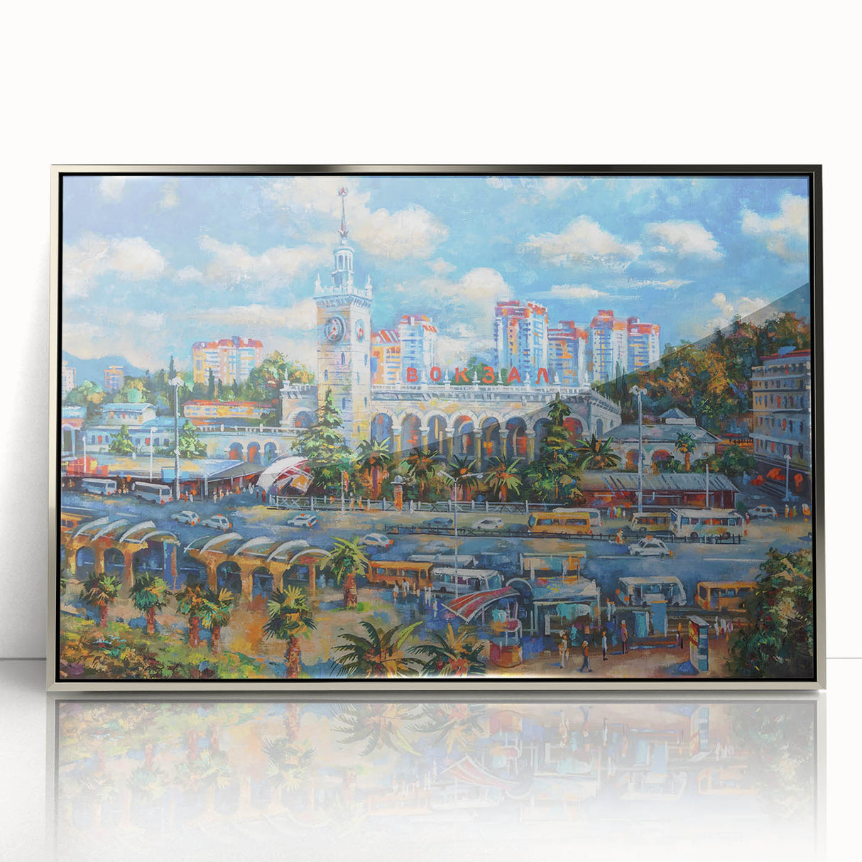 Acrylic print of Sochi scenery in muted colors, framed in silver, suited for modern art wall decor.