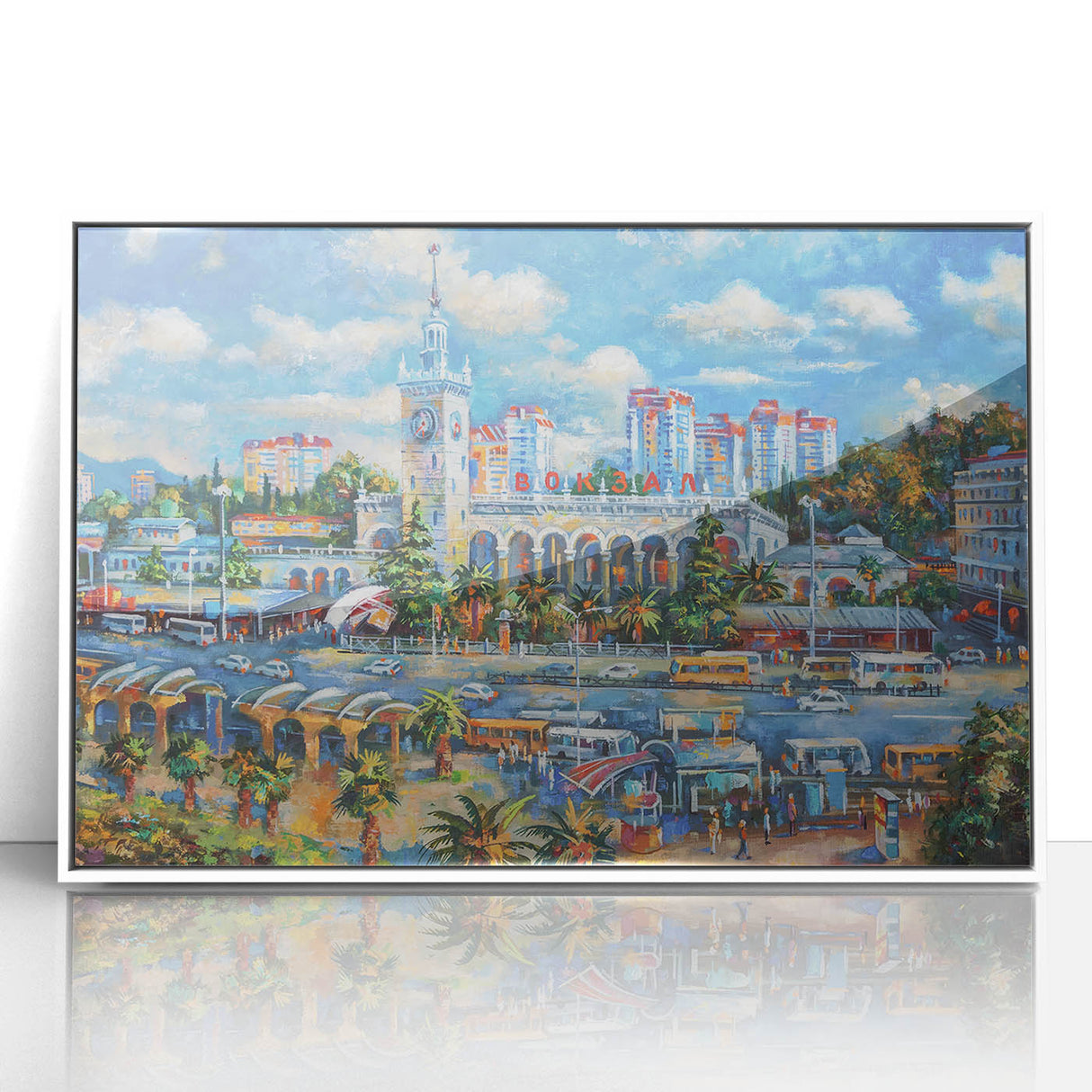 Mid-century modernist art depicting Sochi landscape in muted tones on a white framed acrylic, ideal for nursery wall decor.