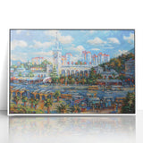 Mid-century modernist art depicting Sochi landscape in muted tones on a white framed acrylic, ideal for nursery wall decor.