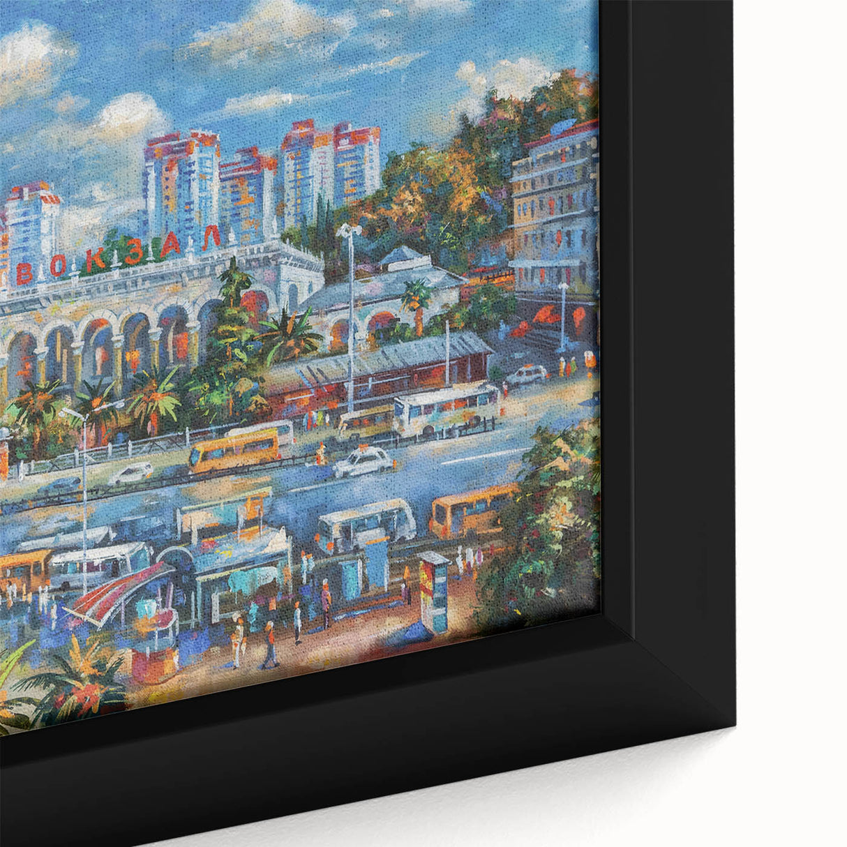 Extra large framed canvas featuring a textured depiction of Sochi, Russia, in vibrant colors on a black background.