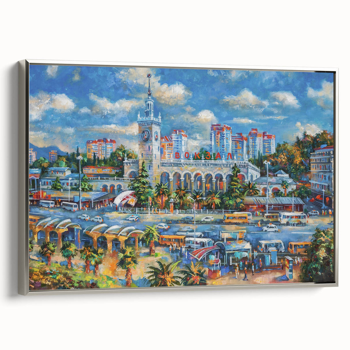 Framed canvas of a vintage Sochi landscape painting in vibrant colors on a black background, ideal for living room decor.