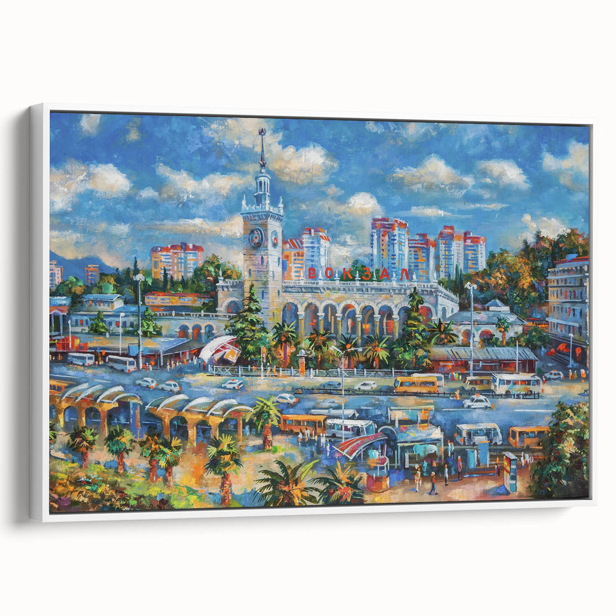 Vintage poster art of Sochi scenery on extra large framed canvas, featuring colorful art on a black background.