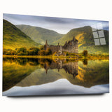 Large abstract depiction of a Scottish landscape in muted earth tones on acrylic glass, ideal for bedroom or dining room art.