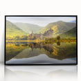 Large abstract wall art depicting a Scottish landscape in muted earth tones, framed in black acrylic.