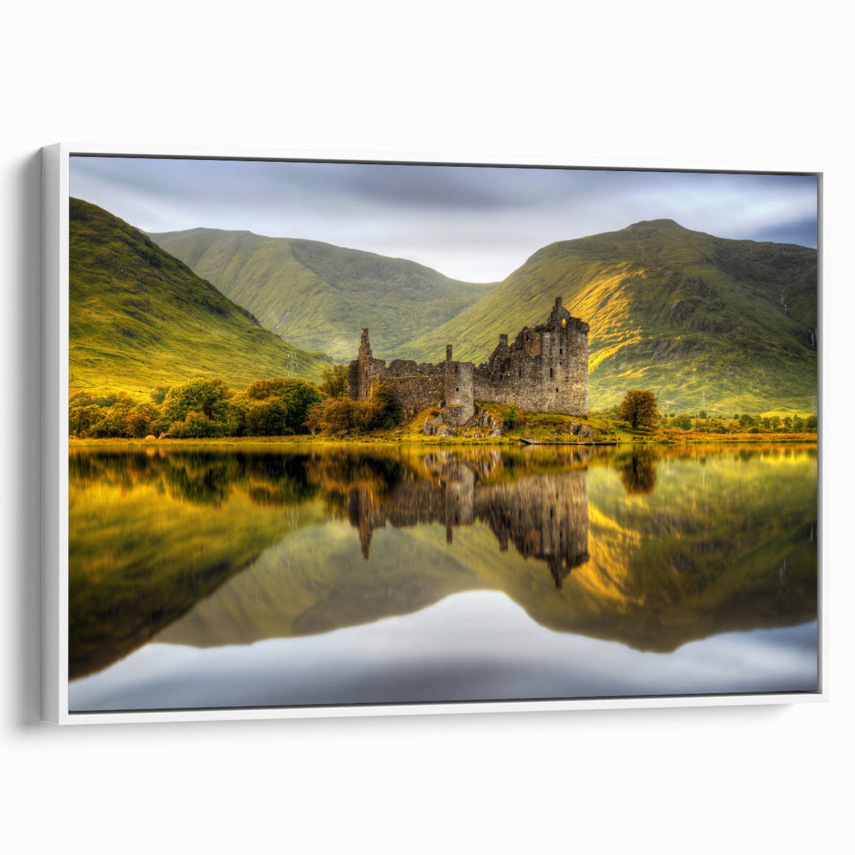 Vintage poster art depicting a Scottish landscape on extra large framed canvas, featuring vibrant greens and blues.