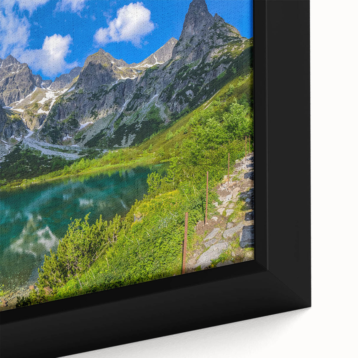 Black wall art of a textured European scenery in vibrant colors on a framed canvas, suitable for living room decor.