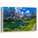 Vintage poster art of a European scenery on a framed canvas, with colorful accents against a black background.