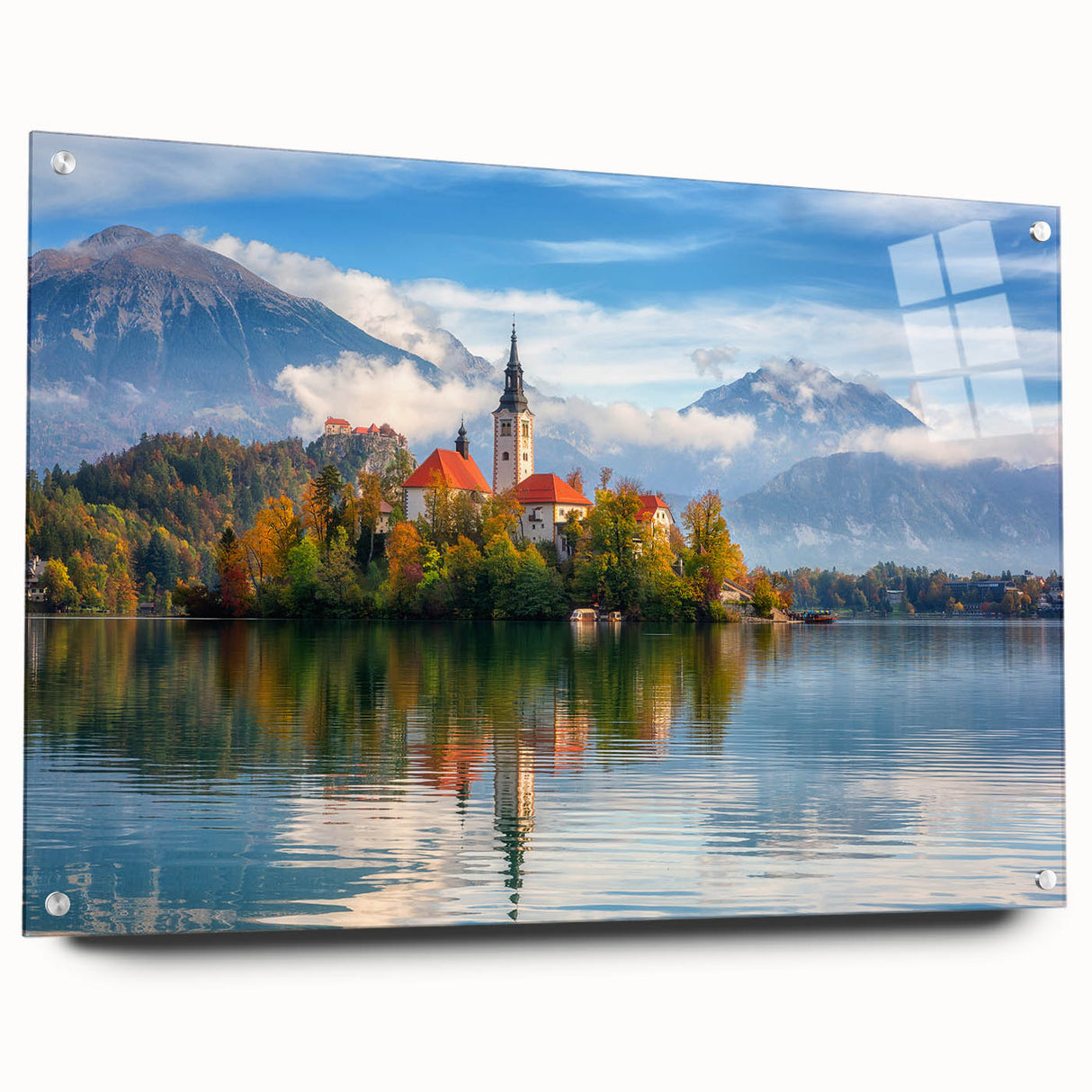 Acrylic print of a Slovenian landscape in muted green and blue tones, ideal for dining room art.