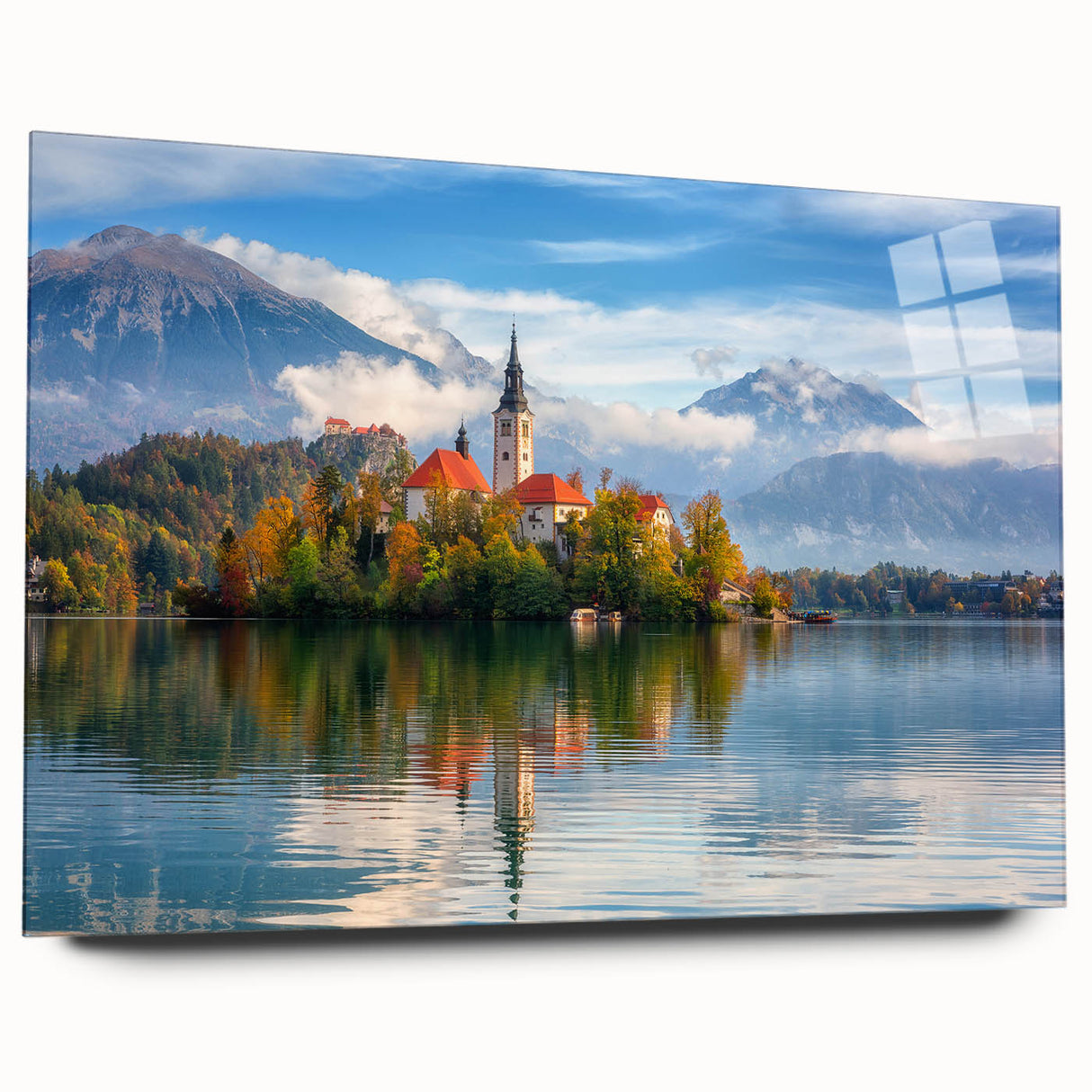 Acrylic print of a large abstract depiction of a Slovenian landscape in muted earth tones.