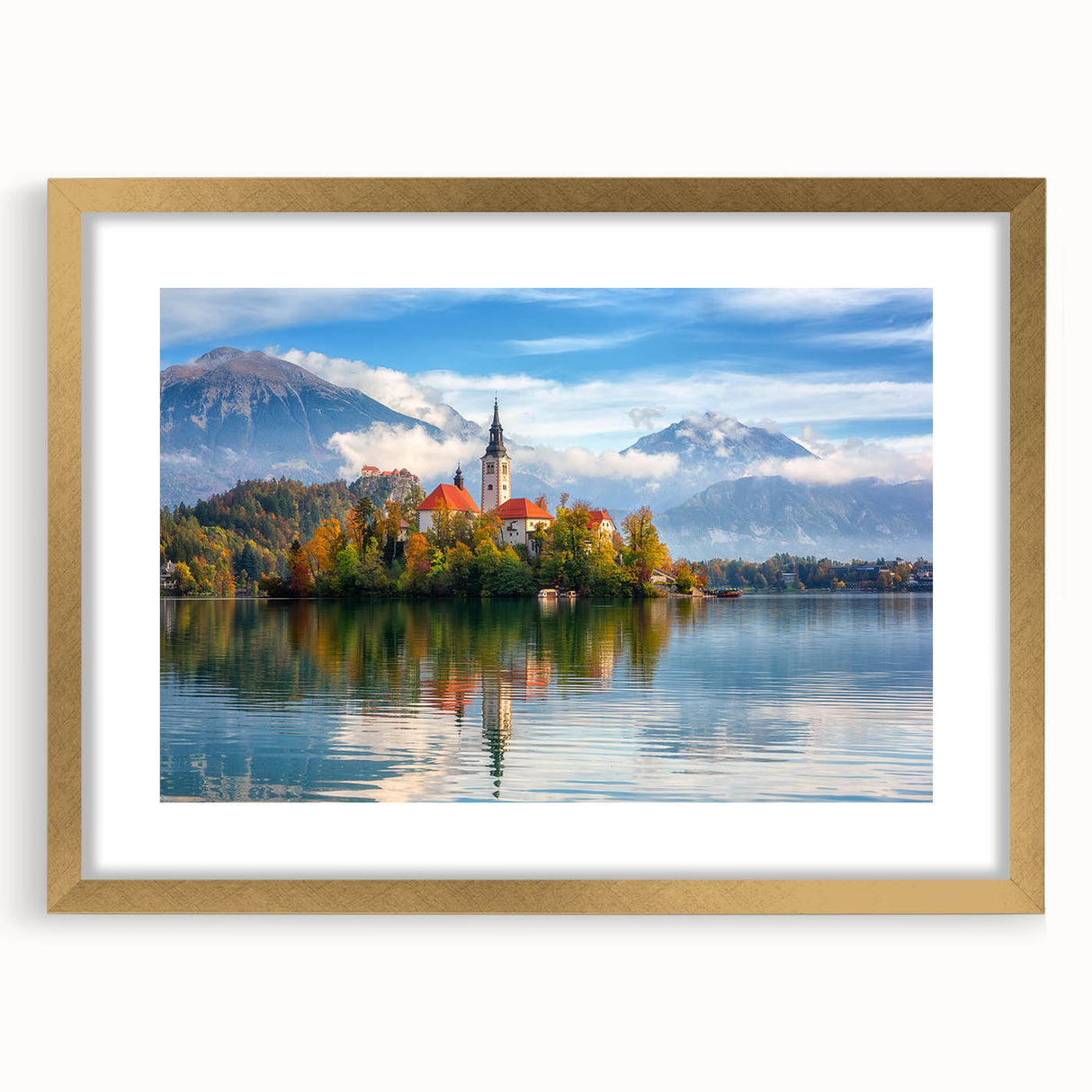 Textured art depicting an abstract European scenery in muted earth tones, framed in gold, ideal for bedroom decor.