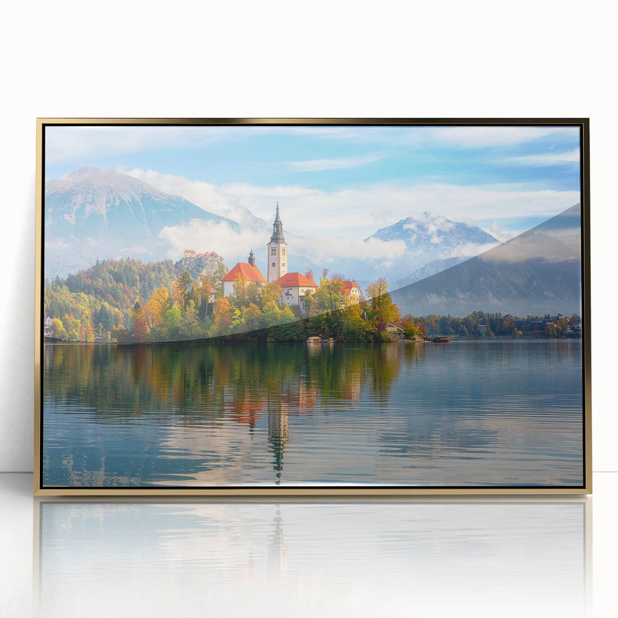 Mid-century modernist art depicting a Slovenian landscape in muted earth tones on a framed acrylic.