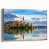Vintage poster art of a Slovenian landscape on framed canvas, featuring vibrant colors, ideal for living room decor.