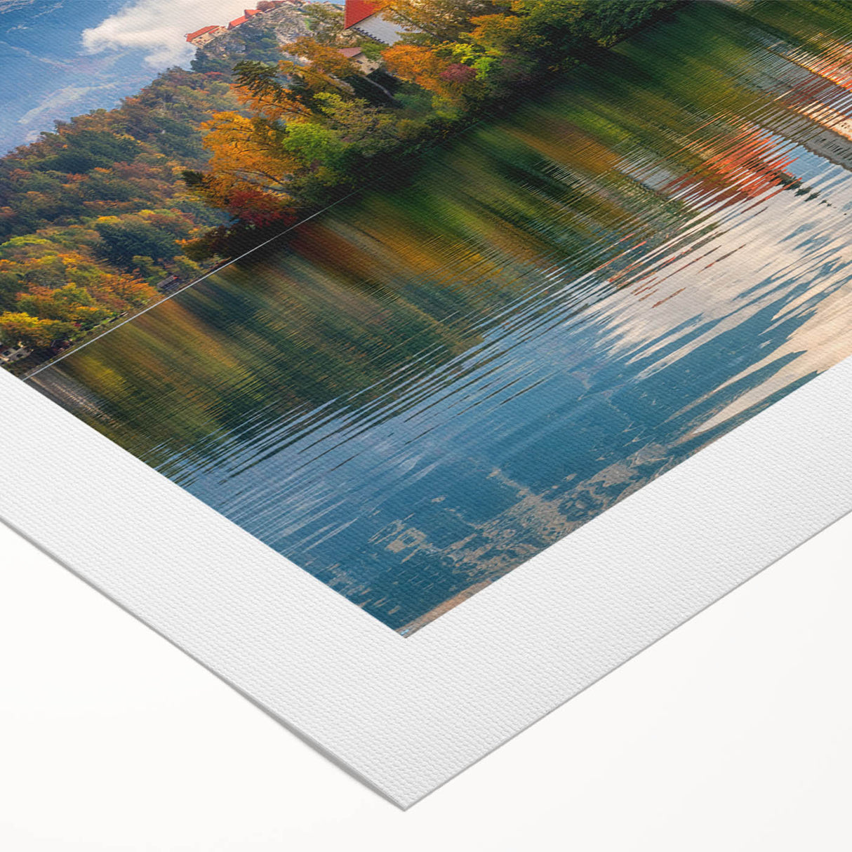 Art deco poster of a Slovenian landscape in muted earth tones on rolled canvas, suitable for dining room decor.
