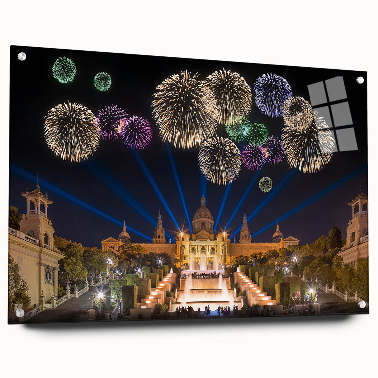 Acrylic print of a large abstract Barcelona cityscape in muted earth tones, ideal for dining room decor.