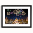 Abstract art print of Barcelona scenery in vibrant colors on a large framed canvas, ideal for living room decor.
