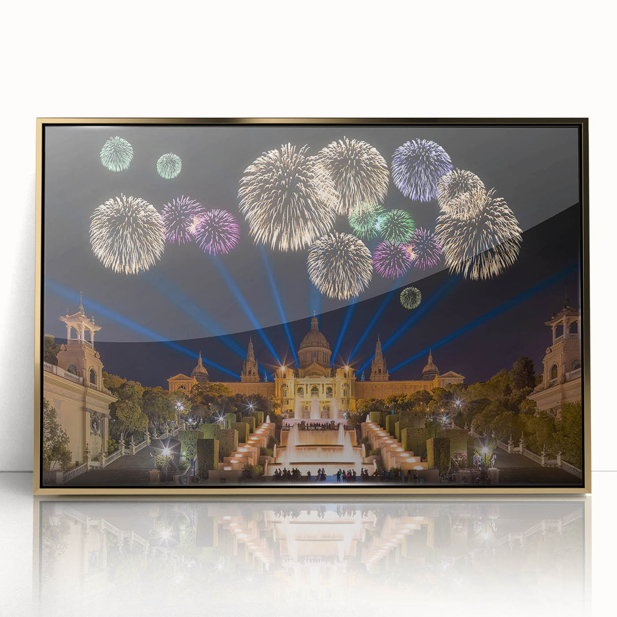 Art deco poster of Barcelona skyline in gold and black on framed acrylic, suitable for modern art wall decor.