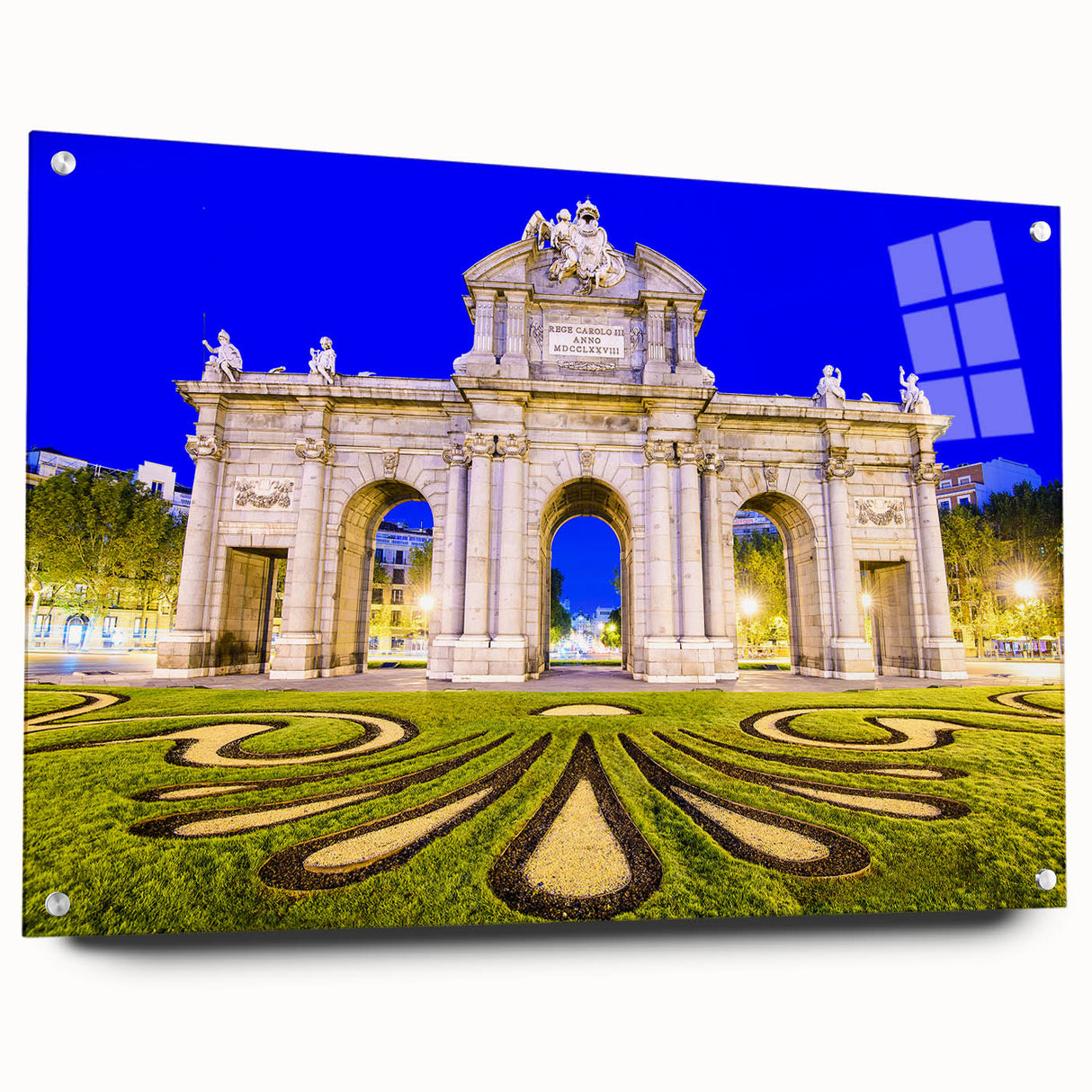 Acrylic print of Madrid skyline in muted earth tones, ideal for dining room decor.