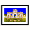 Extra large abstract art print of colorful, textured Madrid scenery on a black framed canvas, ideal for living room decor.