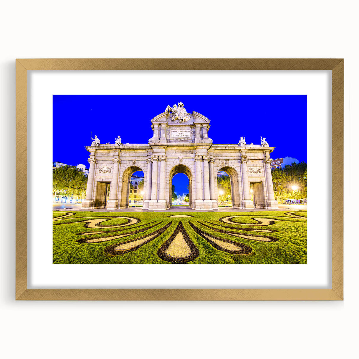 Extra large abstract art print of Madrid scenery in textured style, featuring earthy tones on a gold-framed canvas.
