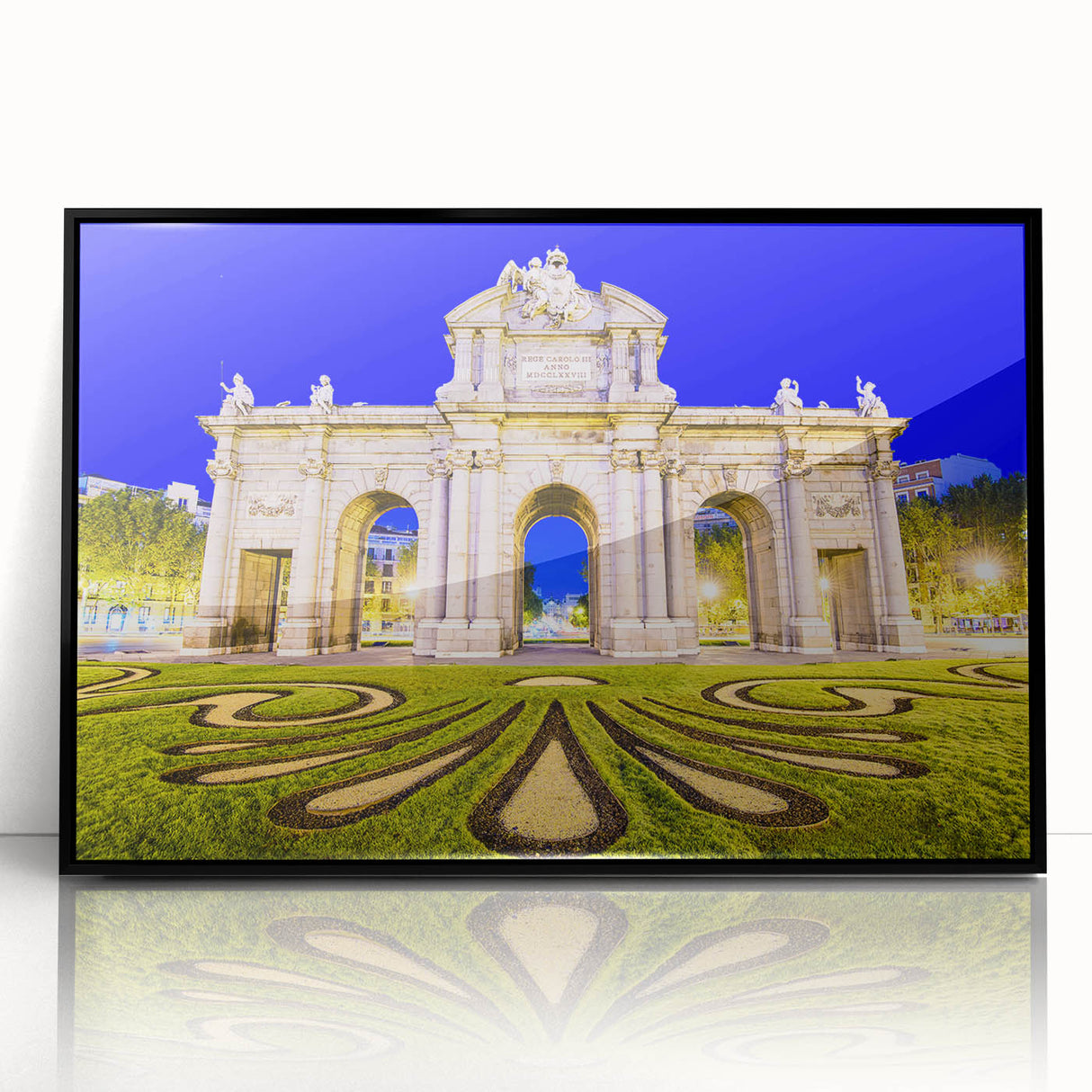 Large abstract wall art depicting Madrid's skyline in muted gray and blue tones on a framed acrylic.