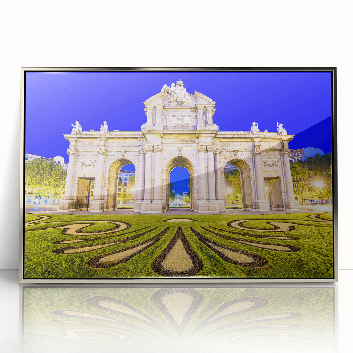 Mid-century modernist art of Madrid skyline in muted silver tones on framed acrylic, suitable for modern art wall decor.