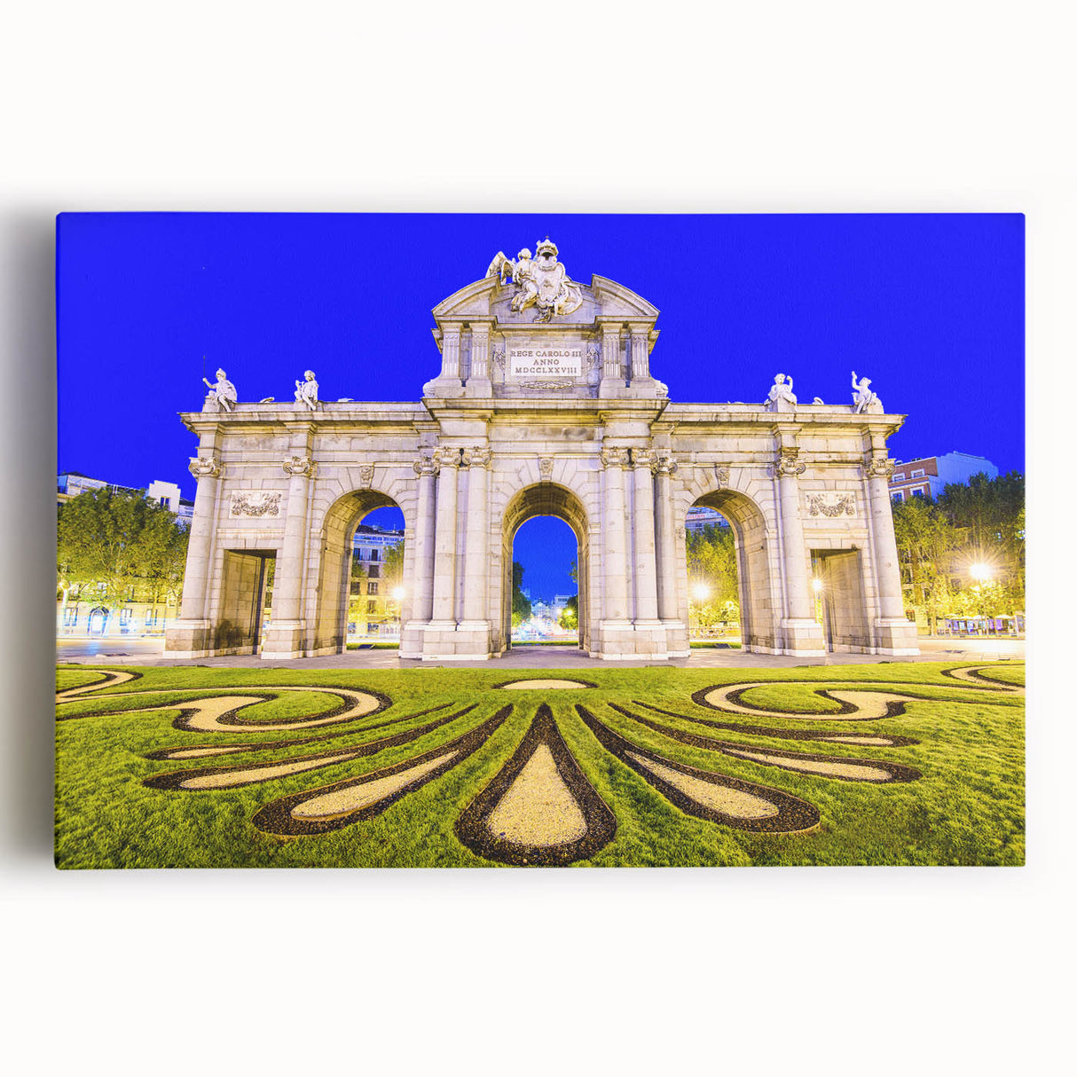 Black and white stretched canvas of Madrid skyline, ideal for kitchen wall art.
