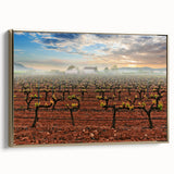 Framed canvas depicting a vintage-style landscape of Valencia, with muted earth tones, ideal for bedroom wall art.