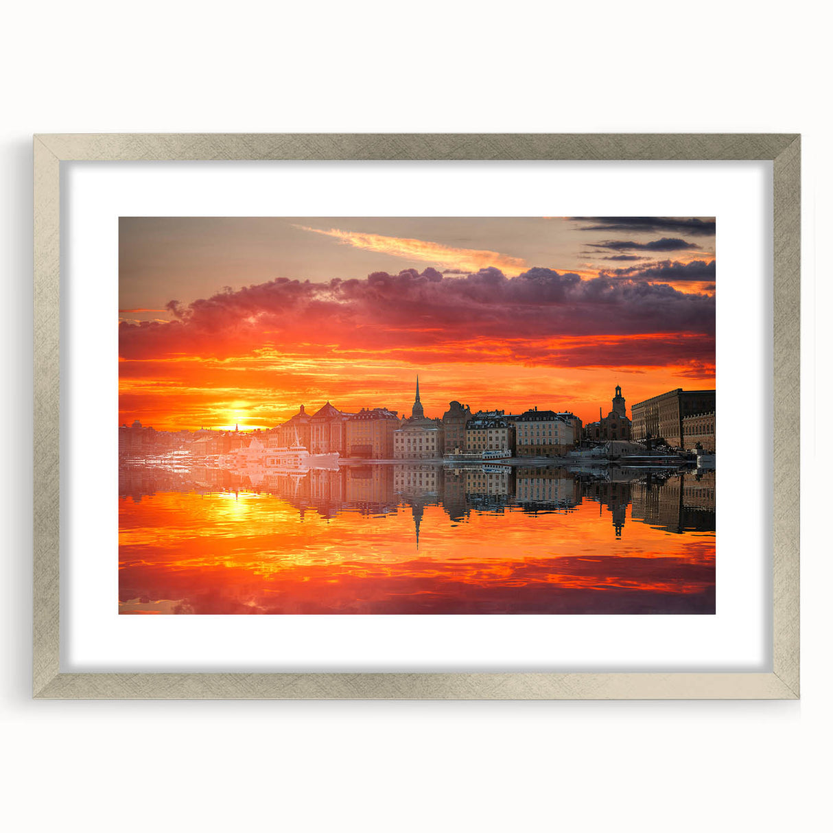 Textured abstract art print of Stockholm's skyline in muted gray and silver tones on a framed canvas.