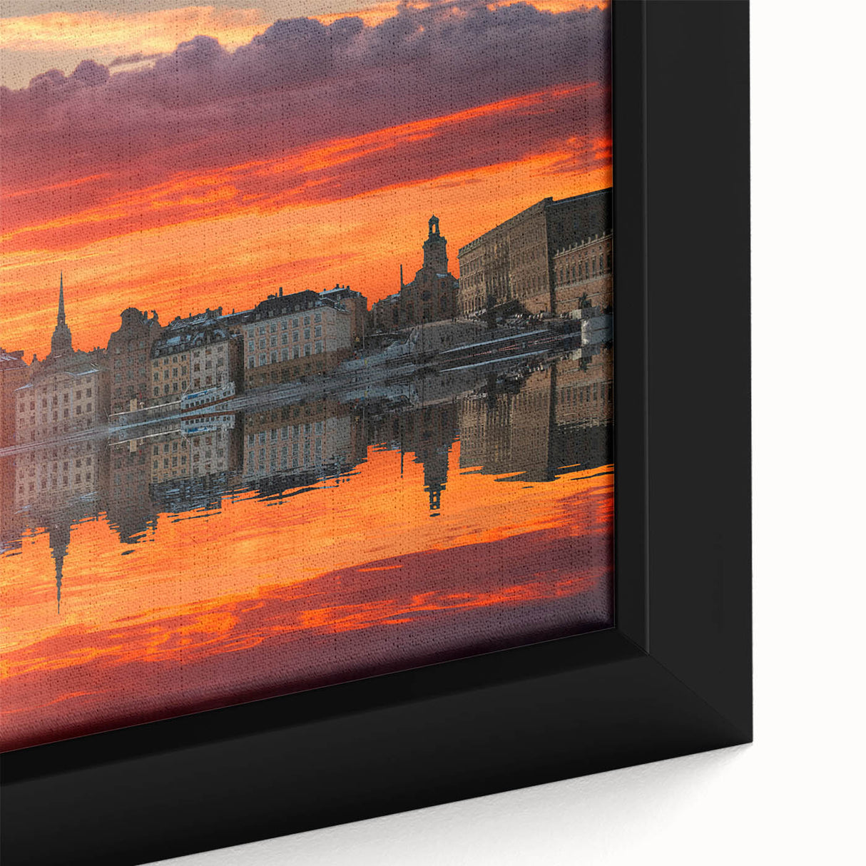 Extra large framed canvas of a textured, colorful Stockholm scenery in black, ideal for living room decor.