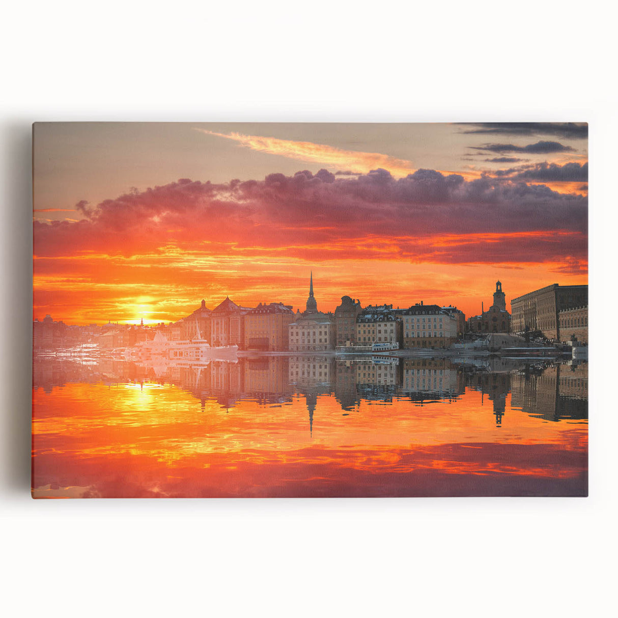 Black and white large art print of Stockholm scenery on stretched canvas, ideal for kitchen wall art.