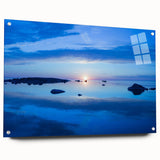 Acrylic print of a serene Swedish landscape, featuring soft blue and green tones, ideal for dining room decor.