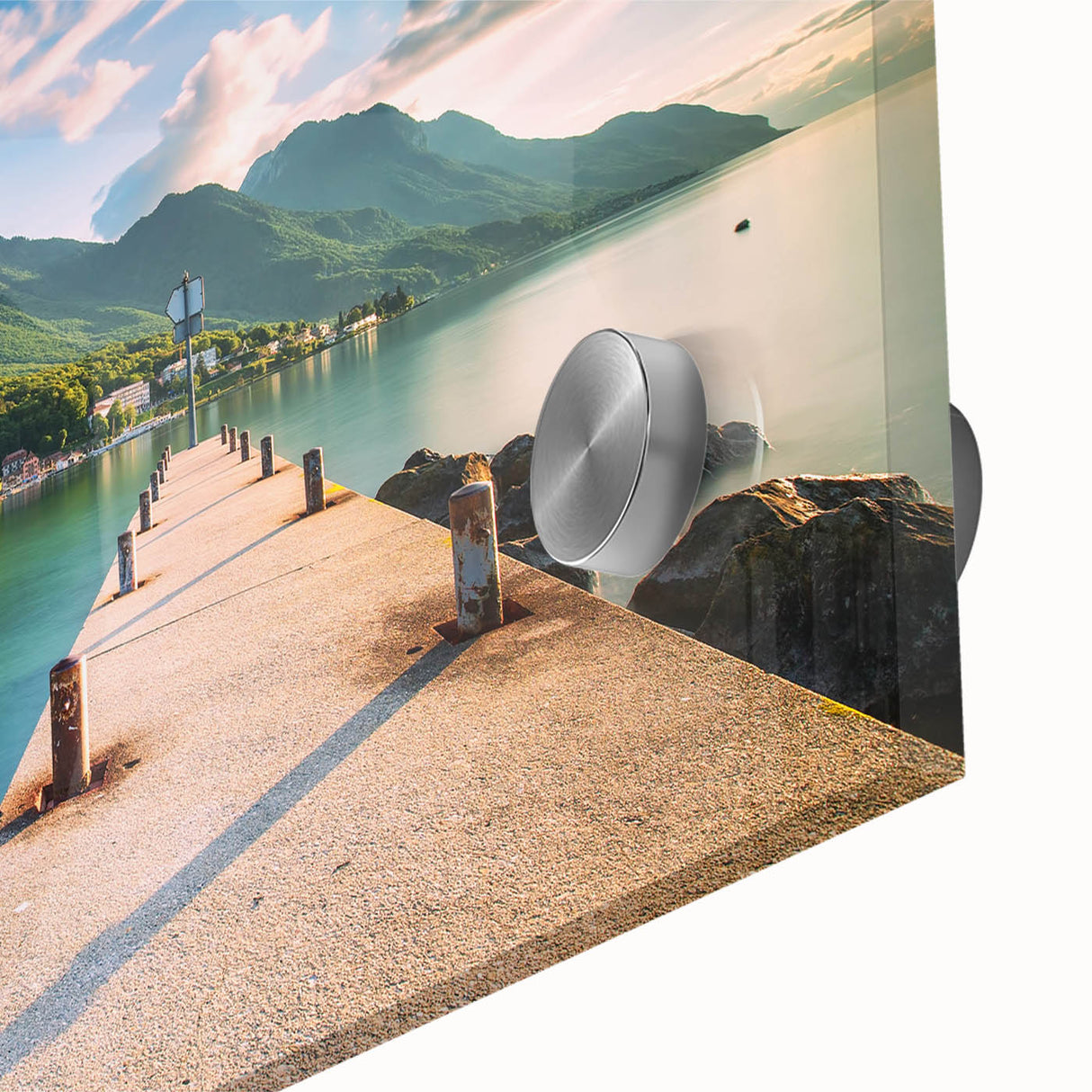 Large abstract wall art of Geneva scenery in muted earth tones on acrylic glass, ideal for dining room decor.