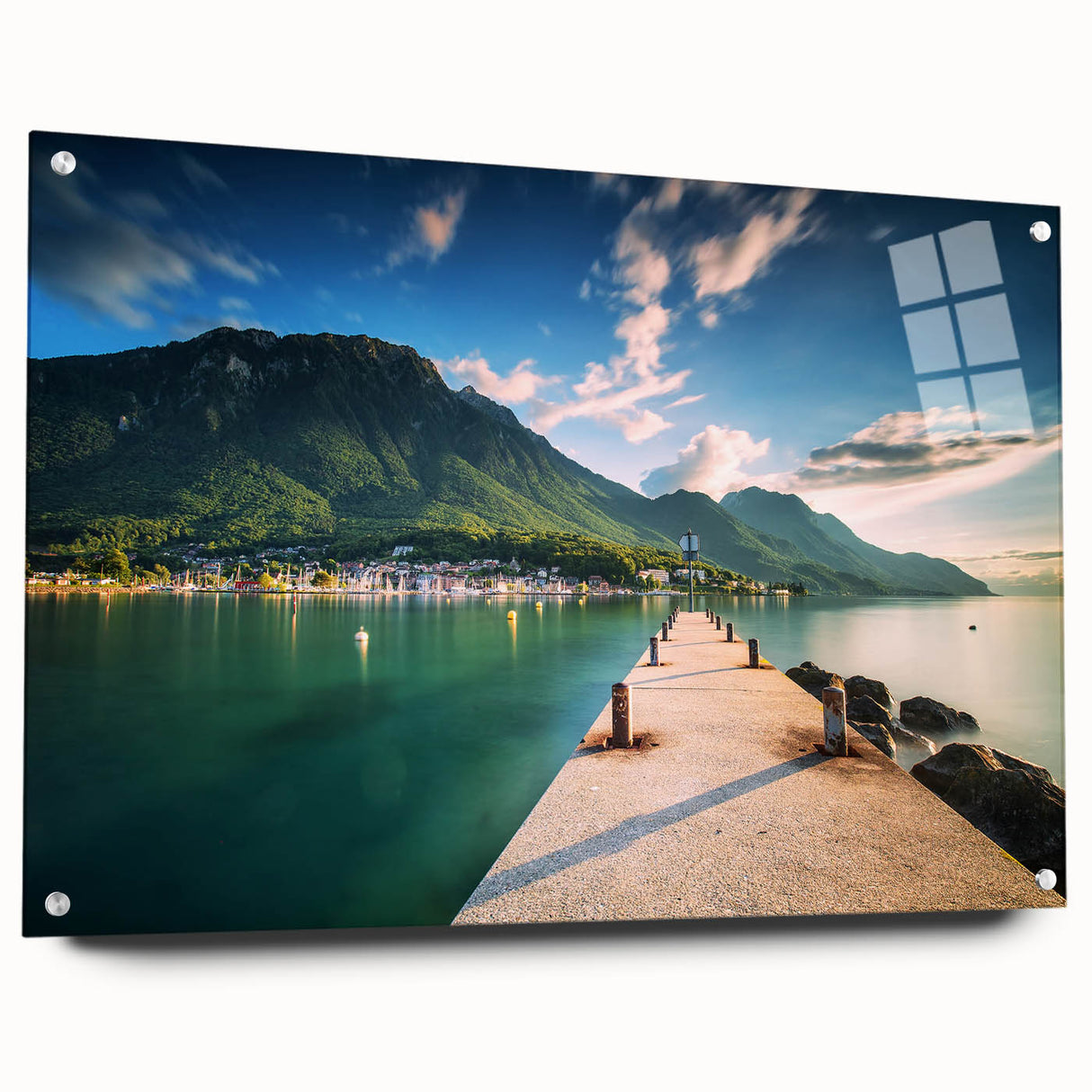 Acrylic print of Geneva scenery with muted earth tones, ideal for dining room decor.